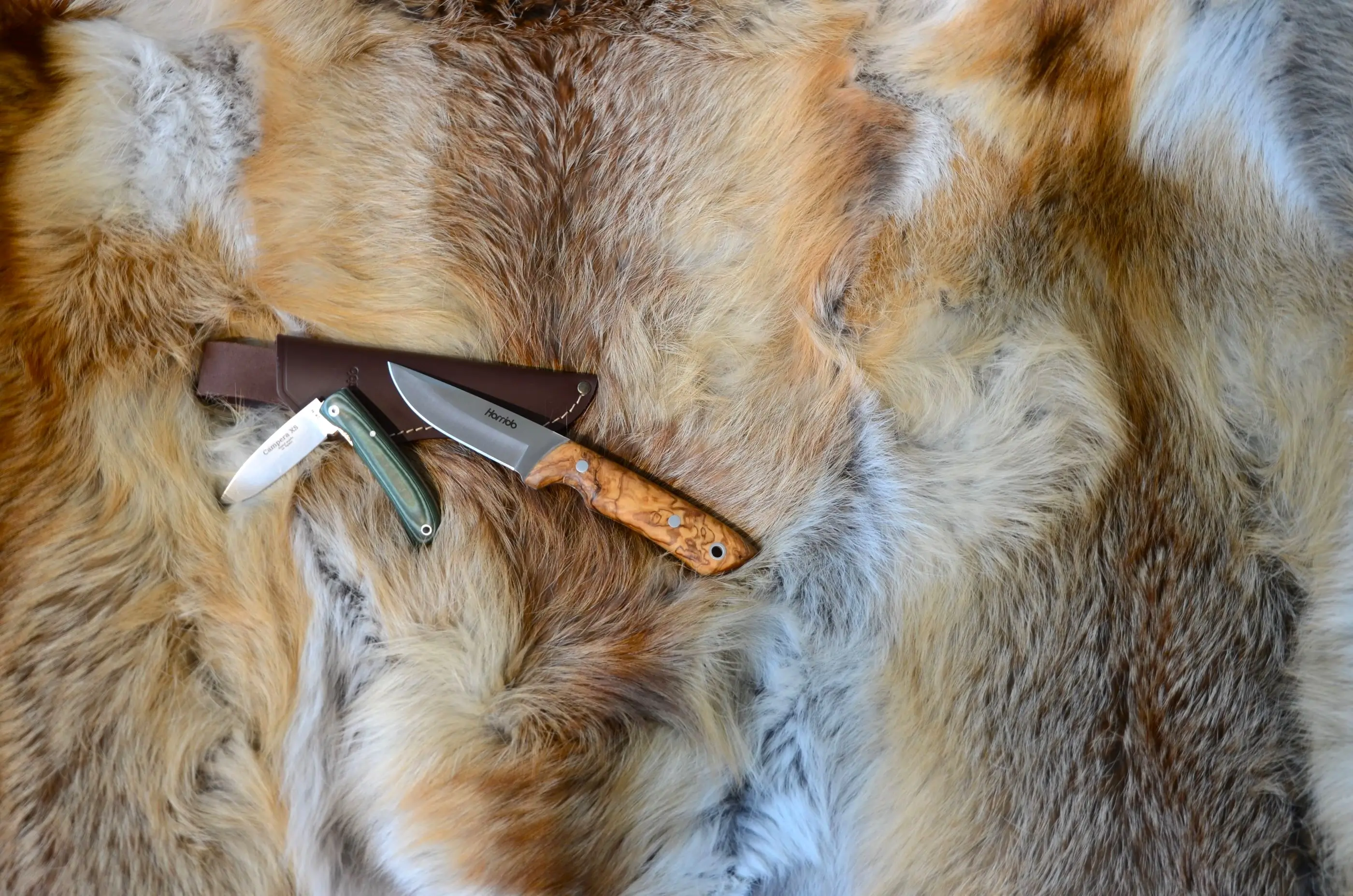 Jagdmesser und Taschenmesser auf Fuchsdecke liegend